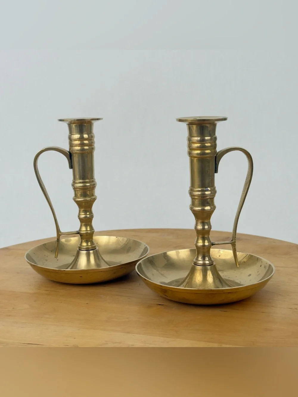 Mid 20th Century Pair of Brass Chamberstick Candle Holders w Handle & Drip Tray